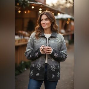 Vintage Marisa Christina Grey Ombre Button Front Snowflake Cardigan Sweater